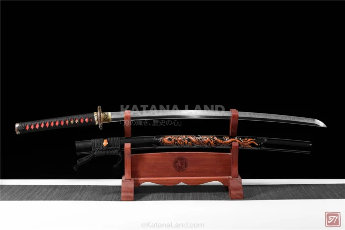 Black samurai katana featuring Hamon