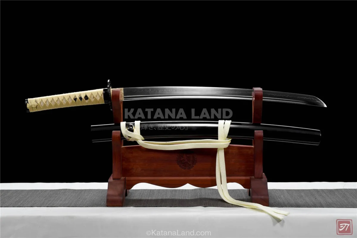 Black katana sword featuring BO-HI and Hamon