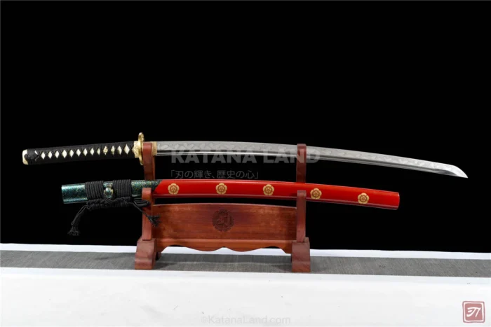 Red katana sword featuring BO-HI and Hamon