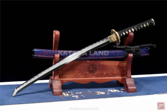 Handcrafted Damascus steel katana with vibrant purple color