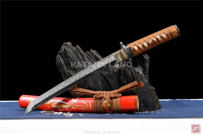 Red katana sword featuring beautiful Hamon