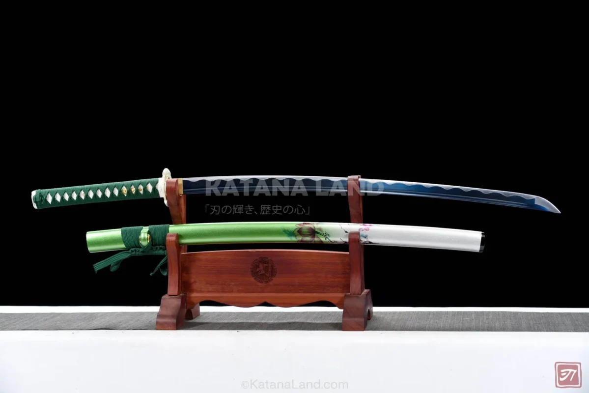 Blue katana sword featuring BO-HI design