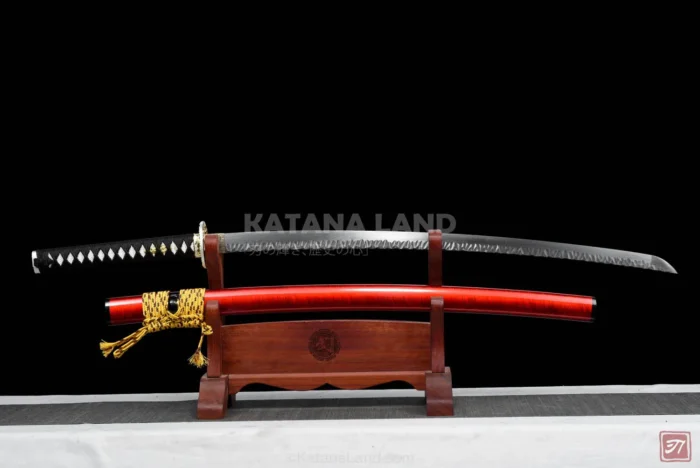 Red samurai katana featuring Hamon