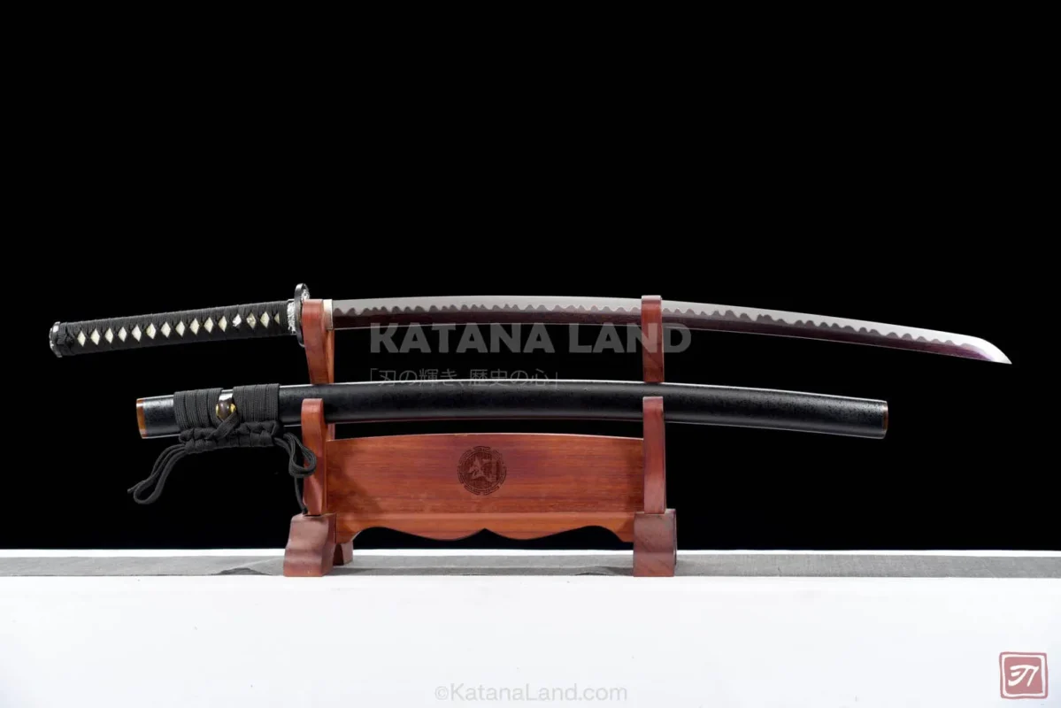 Black samurai katana featuring unique Hamon