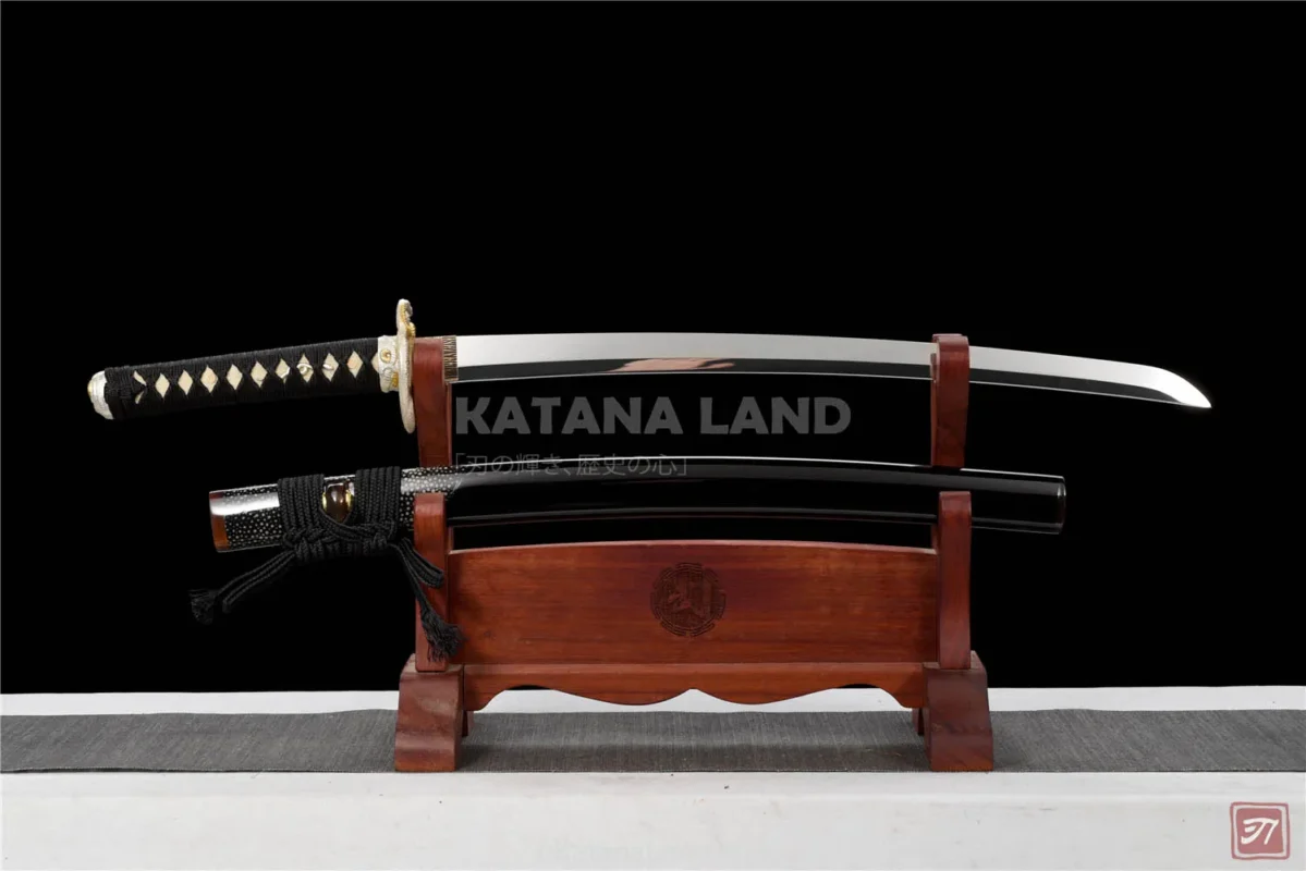 Black samurai katana featuring a mirror finish