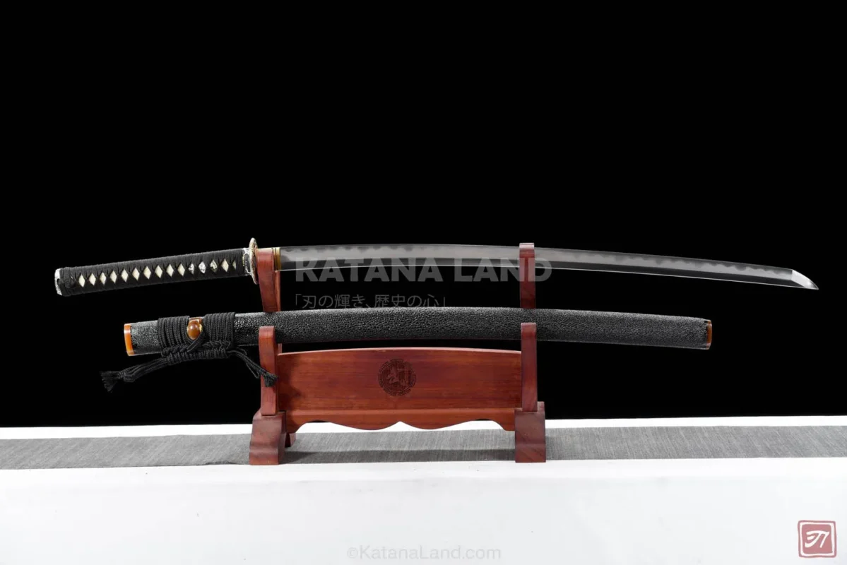 Black katana sword featuring Hamon pattern