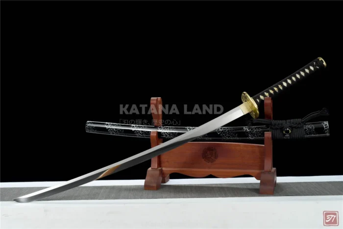 Elegant black katana with a reflective blade