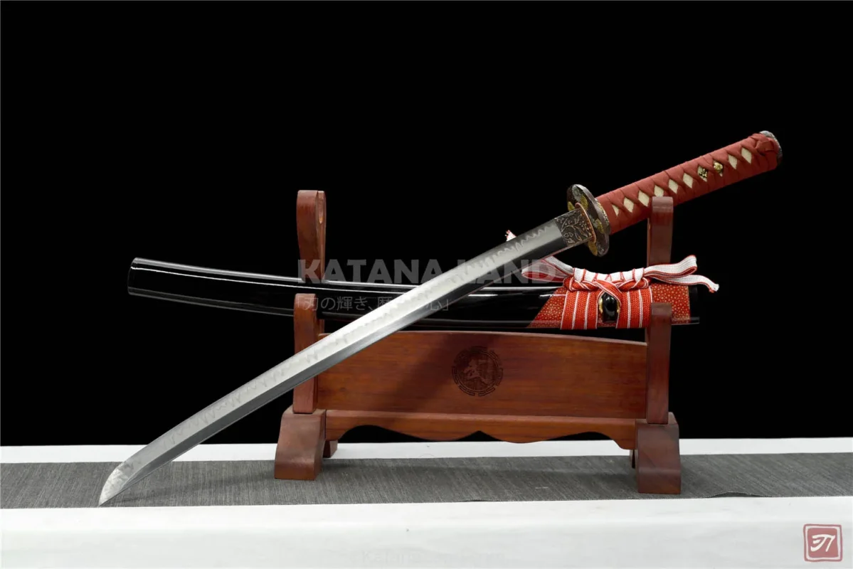 Black samurai katana featuring unique Hamon