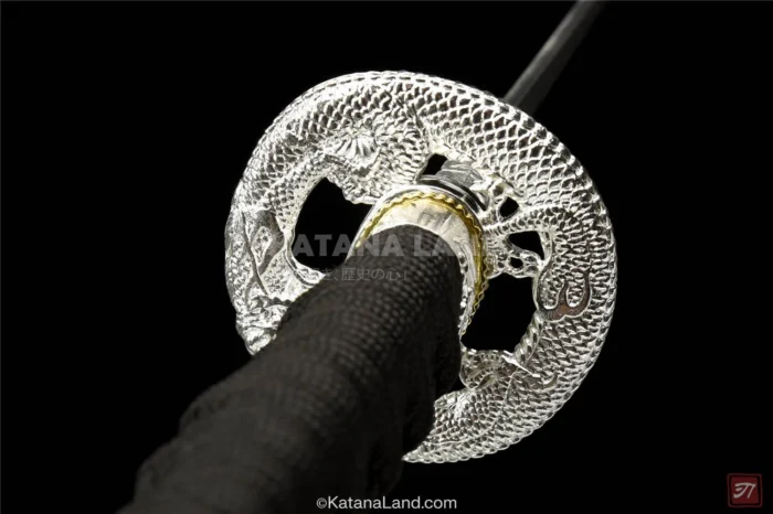 Elegant black finish on Damascus steel katana