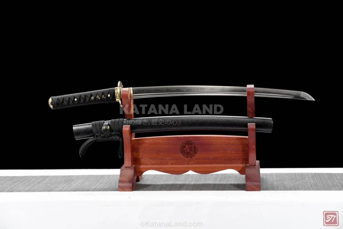 Black Kongo Wakizashi sword featuring BO-HI and Hamon