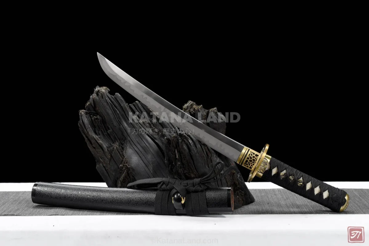 Black katana sword featuring unique Hamon