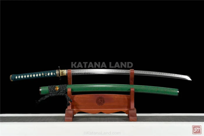 Green samurai katana featuring unique Hamon